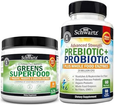 Bioschwartz Super Greens Powder With Probiotics Prebiotics And Digestive Enzymes (30 Servings) Plus Advanced Strength Pre And Probiotics Supplement With Digestive Enzymes (2 Month Supply)