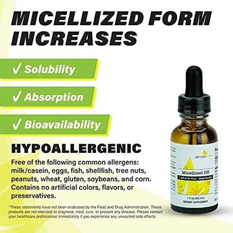 Ultimatevitality Micellized Vitamin D3 Liquid 750 Servings 1200 Iu Per Drop Best Value Natural Soy Water Soluble - 1 Ounce