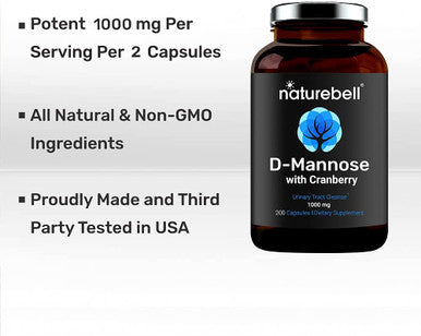 Double Strength DMannose with Cranberry Pills 1000mg Per Serving 200 Capsules 2 in 1 Formula Flush Impurities Supports Urinary Tract Cleanse in Women and Prostate Health in Men