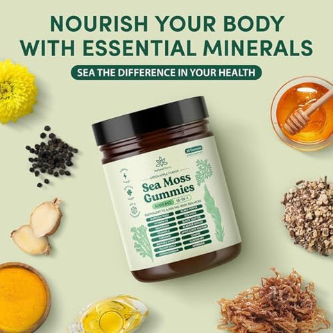 Natural Rems Sea Moss Gummies 16in1 Ashwagandha Black Seed Oil Bladder Wrack Turmeric Vitamin C and D3 with Manuka Burdock Root Dandelion Yellow Dock Elderberry Apple Cider Vinegar (Green Apple)