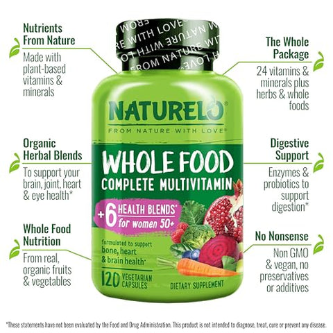 Naturelo Whole Food Multivitamin For Women 50 (Iron Free) - 120 Vegan Capsules And Whole Food Multivitamin For Men 50 120 Capsules Bundle