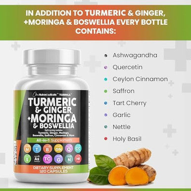 Turmeric Moringa Supplement Ginger Boswellia Saffron - Supplement For Women And Men With Ceylon Cinnamon, Tart Cherry, Quercetin Garlic Nettle Holy Basil - 1Pack