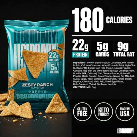 Legendary Foods Zesty Ranch Protein Chips - Popped Tortilla Style - 22G High Protein 5G Carbs Low Sugar Gluten Free Keto Snack Packs - 10 Pack - Healthy Crunchy Chips