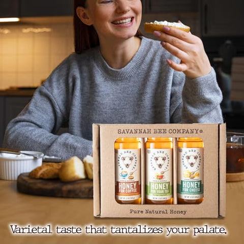 Savannah Bee Everyday Honey Sampler Set - 3 Oz Sampler Set in 3 Bottles - Honey Set for Coffee, Tea, and Cheese Boards