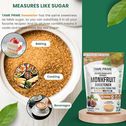 Tame prime USDA Organic Brown Monkfruit sweetener with Allulose from figs, 1 lb (454 g), 1:1 sweet like brown sugar, organic monk fruit without erythritol, 0 calories, 0 Glycemic index, Keto brown sugar, golden granulated, organic brown sugar substitute