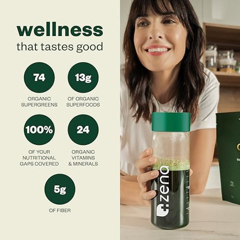 Zena Complete Organic Super Greens Powder and Multivitamin 90+ Supergreens Fruits Veggies Pre and Probiotics Watermelon Citrus Flavor 30 Packets + Water Bottle