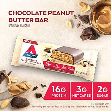 Atkins Chocolate Peanut Butter Protein Meal Bar High Fiber 16G Protein 2G Sugar & Caramel Chocolate Nut Roll Snack Bar Protein Snack High In Fiber 2G Sugar 16 Count