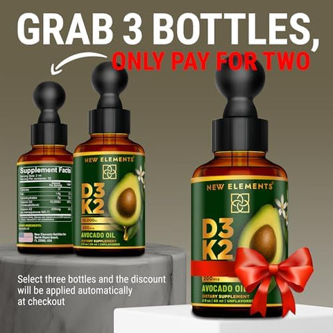 Elements Liquid Vitamin D3 + K2 (Mk-7) Drops 10000 Iu High Absorption For Bone & Immune Support Non-Gmo Avocado Oil Base Promotes Strong Bones Heart & Immune Health 2 Fl Oz (60 Ml)