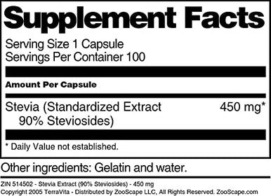 Terravita Stevia Extract (90% Steviosides) - 450 Mg (100 Capsules, Zin: 514502)
