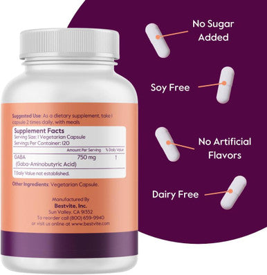 Bestvite GABA 750mg per Capsule (240 Vegetarian Capsules) (120 x 2) - No Stearates - No Fillers - Vegan - Gluten - Non GMO