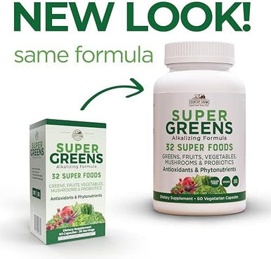 Country Farms Super Greens Vegicaps 32 Super Foods Whole Food Supplement Greens Fruit Vegetables Mushrooms & Probiotics Rich In Antioxidants & Phytonutrients 60 Count 30 Servings