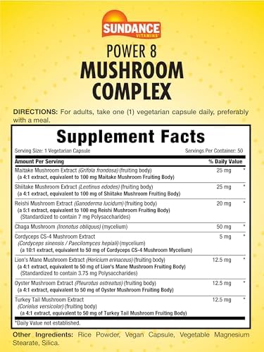 Sundance Mushroom Supplement Capsules Complex With Lions Mane Full Spectrum Blend Of Power 8 Mushrooms Vegetarian Nongmo & Gluten