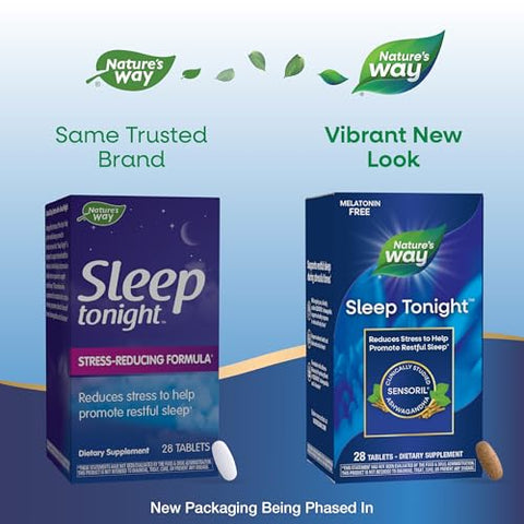 Nature'S Way Sleep Tonight Stress-Reducing Formula To Promote Restful Nights Melatonin Free Sleep Support With Ashwagandha And L-Theanine Vegan 28 Tablets (Packaging May Vary)
