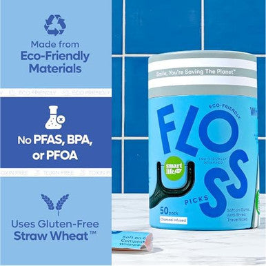 SmartLifeco Individually Wrapped Dental Floss Picks - Eco-Friendly Flosser Handle Made with Straw Wheat Blend Great for Travel PFA Free Toothpick Stick End Bamboo Charcoal Thread Whitens Teeth