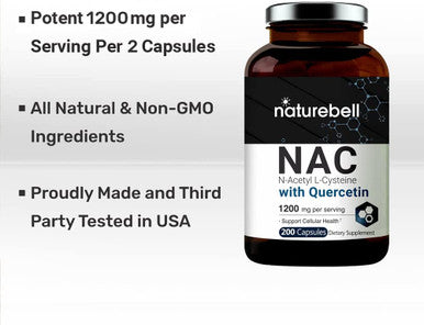 2 Pack NAcetylCysteine NAC 1200mg Per Serving 200 Capsules NAC 600mg with Quercetin Per Capsule Double Strength NAC Supplements Support Liver Lung Health NonGMO No Gluten
