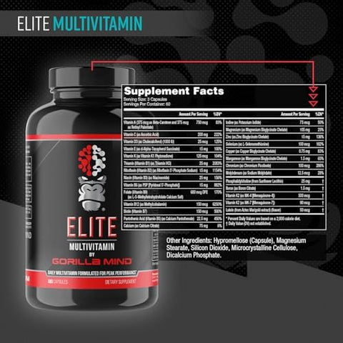Gorilla Mind Elite MultiVitamin (180 Capsules) Daily Multivitamin Formulated for Peak Performance 27 Nutrients to Backfill Micronutrient Shortcomings