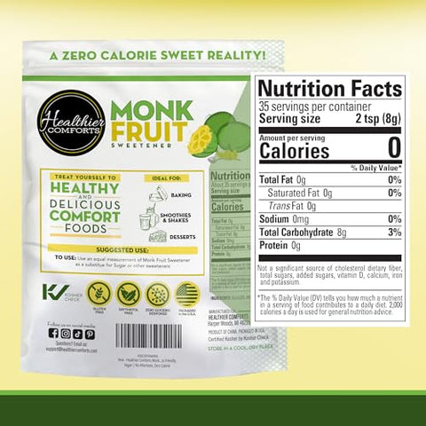 Healthier Comforts Monk Fruit with Granulated Allulose (No Erythritol) | All Natural Sugar Substitute | Zero Calorie 1:1 White Sugar Replacement | No Aftertaste, Keto, Non-GMO, Gluten Free, Vegan, Zero Net Carbs | 10oz