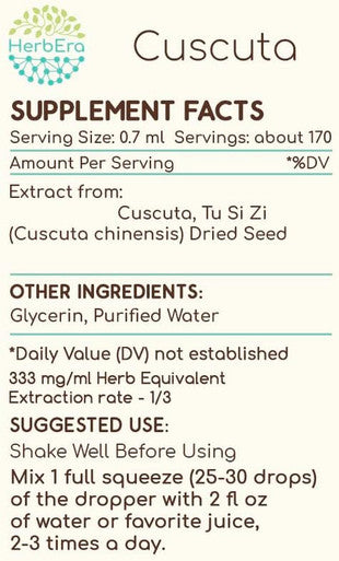 HerbEra Cuscuta B120 Alcohol-Free Seedal Extract Tincture, Super-Concentrated Wildcrafted Cuscuta, Tu Si Zi (Cuscuta chinensis) Dried Seed (4 fl oz)