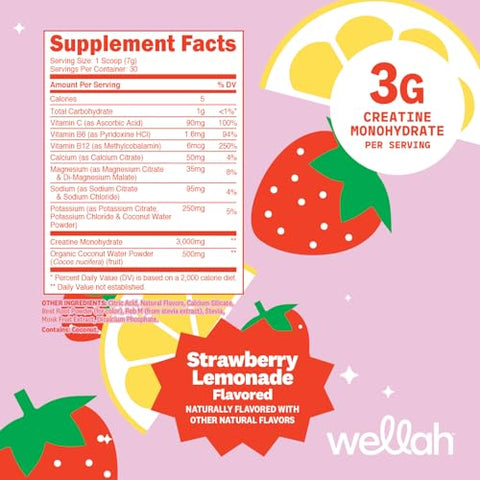Wellah Creatine Electrolytes Powder (Strawberry Lemonade) 30 Servings - Hydration Drink Mix With 3G Of Creatine Monohydrate