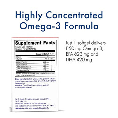 WHC UnoCardio X2 Fish Oil Triglyceride Omega 3 Fatty acids 1270 mg Fish Oil Supplement 622 mg EPA 420 mg DHA Total 1150 mg of Omega 3 per Serving Natural Orange 60 softgels