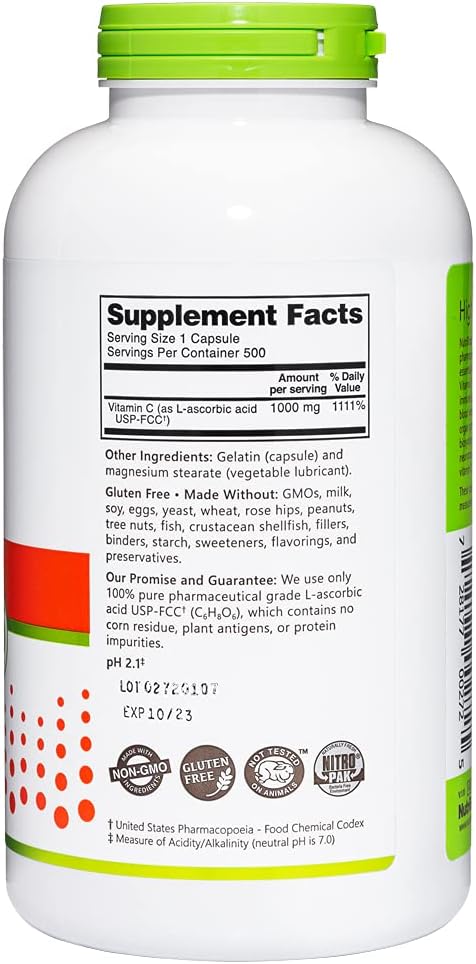 Nutribiotic - Vitamin C 1000 Mg Capsules 500 Count Essential Immune Antioxidant & Collagen Support Supplement Pharmaceutical Grade L-Ascorbic Acid 1000 Mg Per Serving Gluten & Gmo