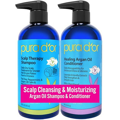Pura D'Or Scalp Therapy Shampoo & Conditioner Set (16Oz X 2) Dry Itchy Scalp-Hydrates & Nourishes Hair W/Tea Tree Peppermint Argan Oil & Biotin All Hair Type Men Women (Packaging Varies)