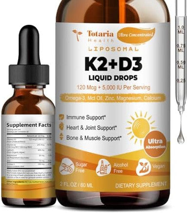 Totaria Liposomal Liquid Vitamin D3 K2 Supplement Drops With Mct Oil, Omega 3 - (5000 Iu) D3 + (200 Mcg) K2 Bone Strength With Calcium Magnesium Zinc Support Teeth, Bones, Vitamin D, Non-Gmo