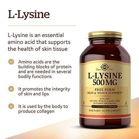 Solgar L-Lysine 500 Mg 250 Vegetable Capsules - Enhanced Absorption & Assimilation - Promotes Integrity Of Skin & Lips - Collagen Support - Amino Acids - Non-Gmo Vegan Gluten Free