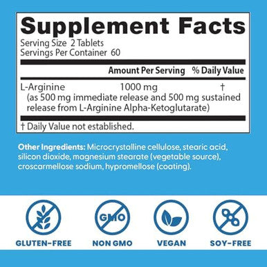 Doctor'S Best Sustained Plus Immediate Release Larginine Nongmo Vegan Gluten & Soy 500 Mg Tablet 120 Count
