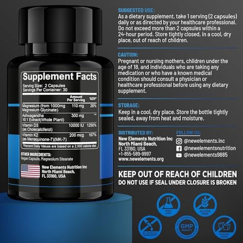Elements Magnesium Glycinate 1500Mg With Ashwagandha 300Mg + Vitamin D3 10000 Iu & K2 (Mk-7) 200Mcg Stress Relief Calm Mood & Bone Support High Absorption Vegan Capsules Non-Gmo