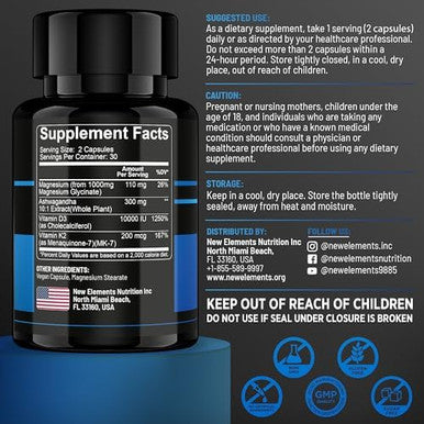 Elements Magnesium Glycinate 1500Mg With Ashwagandha 300Mg + Vitamin D3 10,000 Iu & K2 (Mk-7) 200Mcg Stress Relief, Calm Mood & Bone Support High Absorption Vegan Capsules Non-Gmo