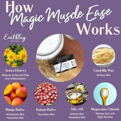 Earthley Wellness, Magic Muscle Ease, Soothe Muscles Naturally, Olive Oil, Arnica Flowers, Mango Butter, Kokum Butter, Magnesium Chloride Flakes (4Oz, Mint)