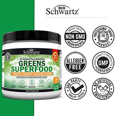 Bioschwartz Super Greens Powder With Probiotics Prebiotics And Digestive Enzymes (30 Servings) Plus Elderberry Gummies With Zinc And Vitamin C For Adults Immune Support (1 Month Supply)