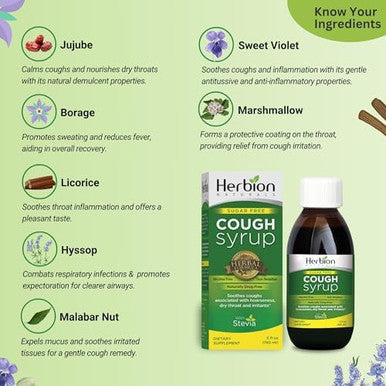 Herbion Naturals Sugar Cough Syrup With Stevia 5 Fl Oz Relieve Cough And Soothes Sore Throat Optimizes Immune For Bronchial & Lung Function