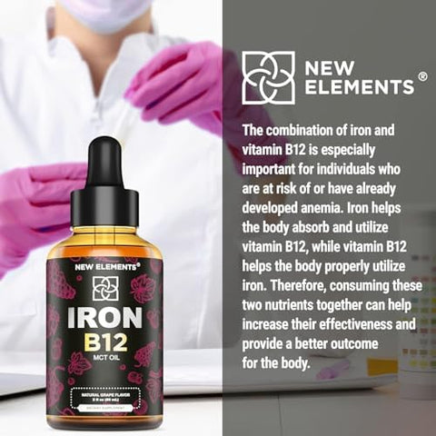 Elements Liquid Iron Supplement For Women & Men With Vitamin B12 5000Mcg - Blood Builder For Anemia - Liquid Vitamin B12 Drops For Adults With Mct Oil Natural Grape Flavor 2 Fl Oz