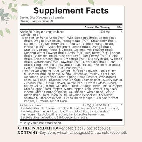 Micro Ingredients Fruit And Veggies Supplement With Probiotics 240 Vegetarian Capsules 80 Super Greens & Fruits Complex Immune Gut & Digestive Health Support