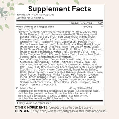 Micro Ingredients Fruit And Veggies Supplement With Probiotics 240 Vegetarian Capsules 80 Super Greens & Fruits Complex Immune Gut & Digestive Health Support