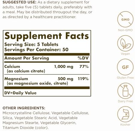 Solgar Calcium Magnesium Citrate 250 Tablets (Pack Of 2) Supports Healthy Bones and Teeth Musculoskeletal and Nervous System Support Highly Absorbable NonGmo And Vegan 100 Total Servings