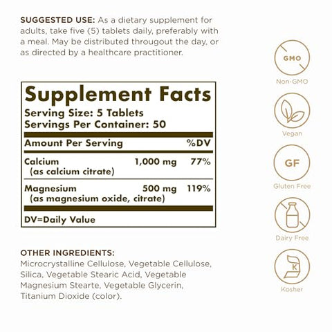 Solgar Calcium Magnesium Citrate 250 Tablets (Pack Of 2) - Supports Healthy Bones & Teeth - Musculoskeletal & Nervous System Support - Highly Absorbable - Non-Gmo And Vegan 100 Total Servings