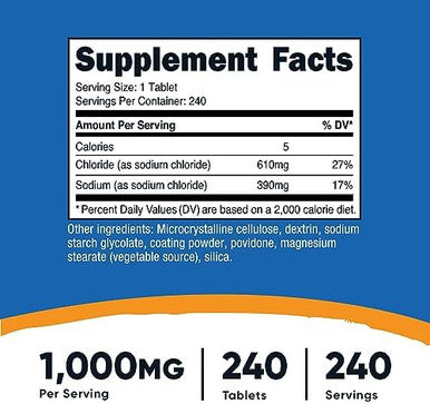 Nutricost Sodium Chloride 1000Mg 240 Tablets Salt Tablets Nongmo Gluten