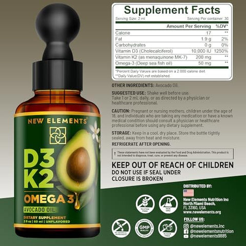 Elements Liquid Vitamin D3 + K2 Drops 10000 Iu With Omega-3 High Absorption For Bone Immune & Heart Support Pure Avocado Oil Base Non-Gmo 2 Fl Oz (60 Ml)