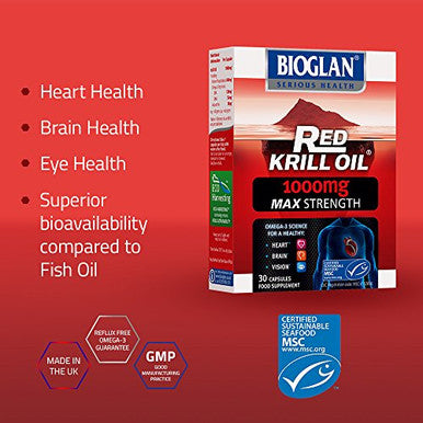 Bioglan Red Krill Oil Max Strength 1000 mg, high in Omega-3 Fish Oil, EPA & DHA help to support your Heart, Eye and Brain health, one month supply - 30 capsules