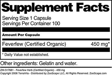 Terravita Feverfew Herb (Certified Organic) - 450 Mg (100 Capsules, Zin: 517681)