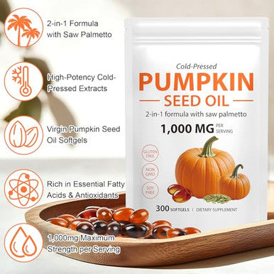 Mcukv Pumpkin Seed Oil With Saw Palmetto 1000Mg Per Serving Cold Pressed Pumpkin Seed Oil Capsules For Hair Scalp Urinary & Prostate SupportPure Virgin With Essential Fatty AcidsNon-Gmo 300Pcs