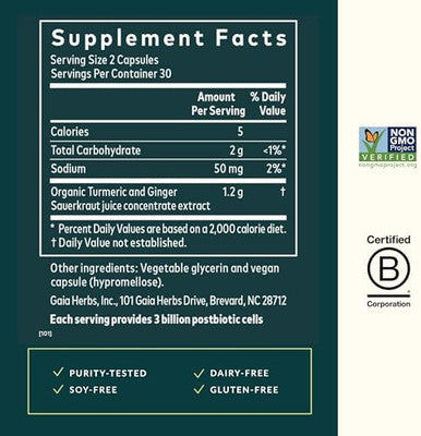 Gaia Herbs Gingerturmeric Postbiotic Premium Digestive Support Supplement For Gut Health Made With Fermented Turmeric & Ginger From Dairy Soy & Gluten 60 Vegan Capsules (30 Servings)