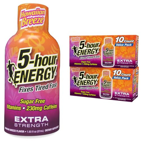 5Hour Energy Extra Strength Hawaiian Breeze Energy Shot 1.93Oz 20Pack " Sugar Caffeine Energy Booster With Bvitamins & Amino Acids " Zero Calorie (20 Bottles " Single Flavor Hawaiian Breeze)