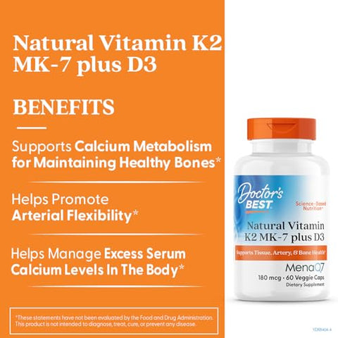 Doctor'S Best Natural Vitamin K2 Mk-7 Plus D3 - Vit D3 And K2 Mk7 Supplement For Men & Women Supports Tissue Artery & Bone Health Non-Gmo Gluten Free Soy Free Vegetarian 60 Veg Caps