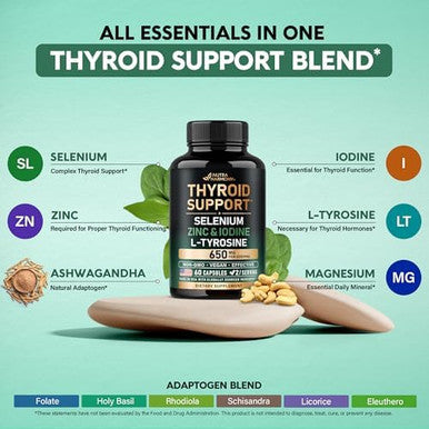 Thyroid Support For Women - Selenium 200 Mcg Zinc & Iodine L-Tyrosine Magnesium Adaptogen Herbs - 21-In-1 Antioxidant & Immune Support - Vegan, Non-Gmo, Lab Tested - 60 Capsules, Made In Usa