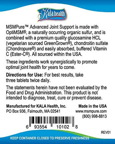 Kala Health MSMPure Advanced Joint Support 360 Count Glucosamine Chondroitin MSM Max Strength Joint Pain Relief Supplement Made in USA