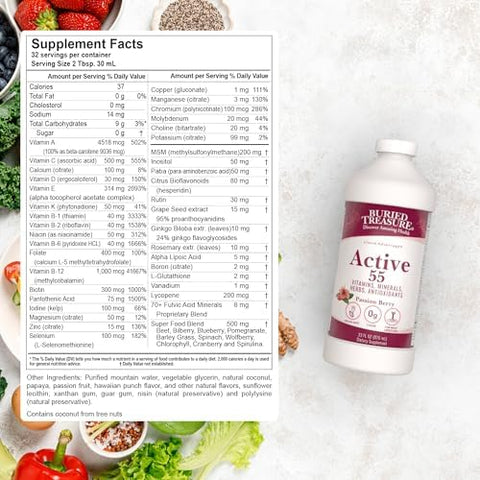 Buried Treasure Active 55 Plus 32 Serv Liquid Multivitamin For Seniors Vegan Sugar Natural Immune Support Vitamins & Superfoods Blend